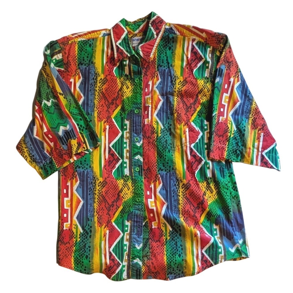 Vintage Wrangler Mens Southwestern Geometric Snakeskin Print Button Down Shir